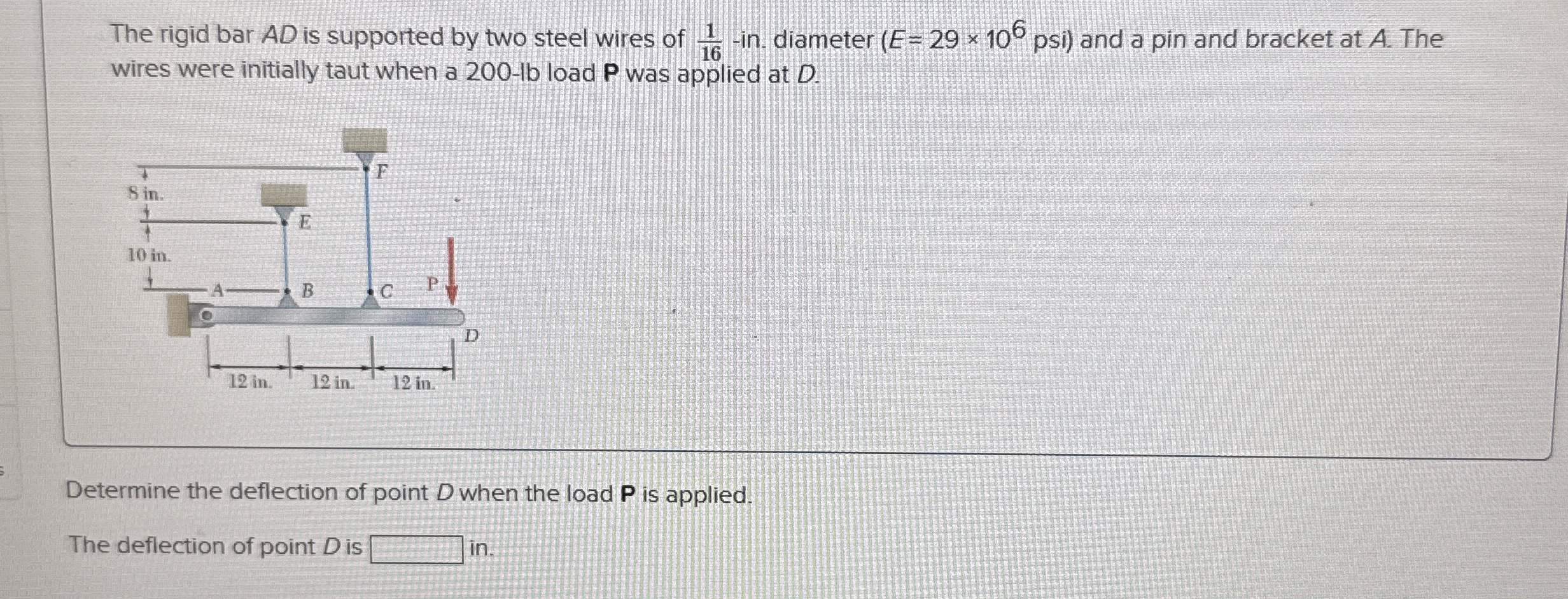 The rigid bar A D is supported by two steel wires