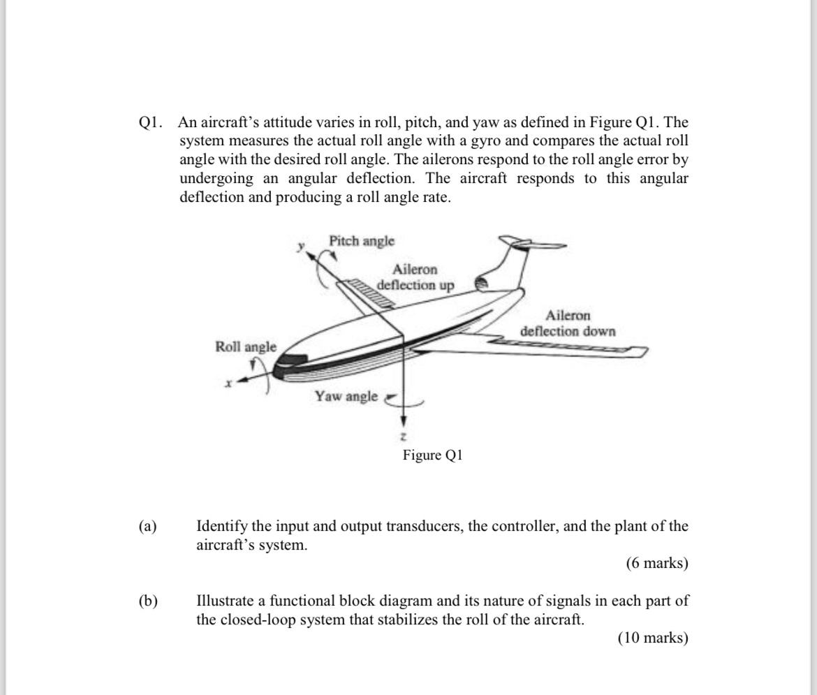Q 1 . An aircraft's attitude varies in roll,
