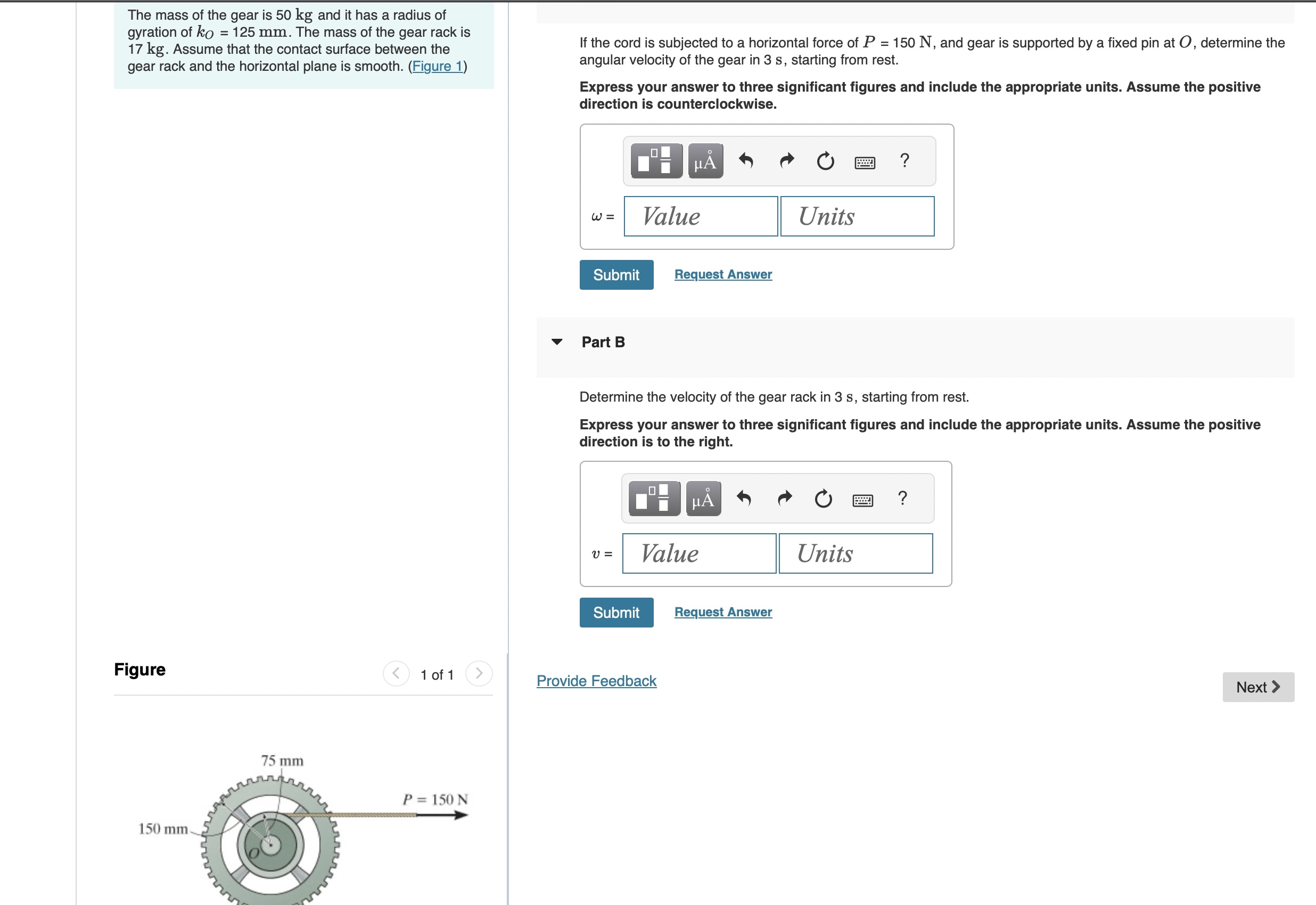 The mass of the gear is 5 0 kg and it has a