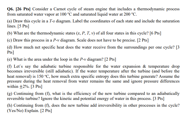 Q 6 . [ 2 6 Pts ] Consider a Carnot cycle of