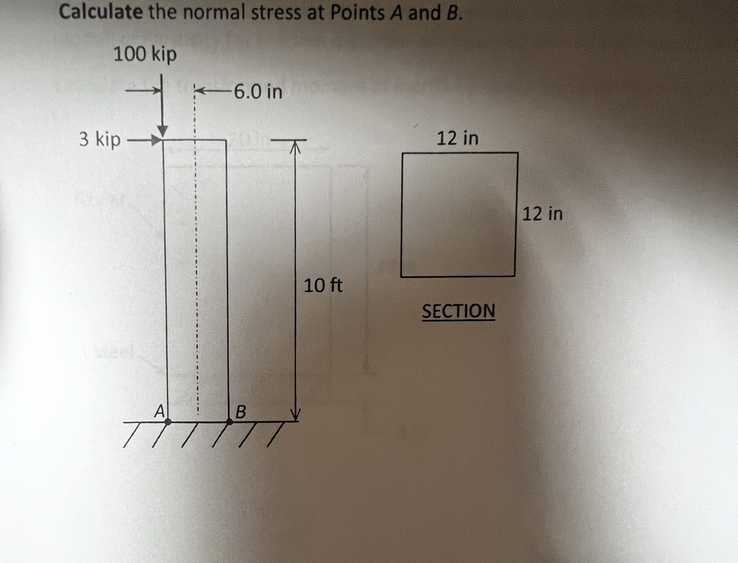 Calculate the normal stress at Points A and B .