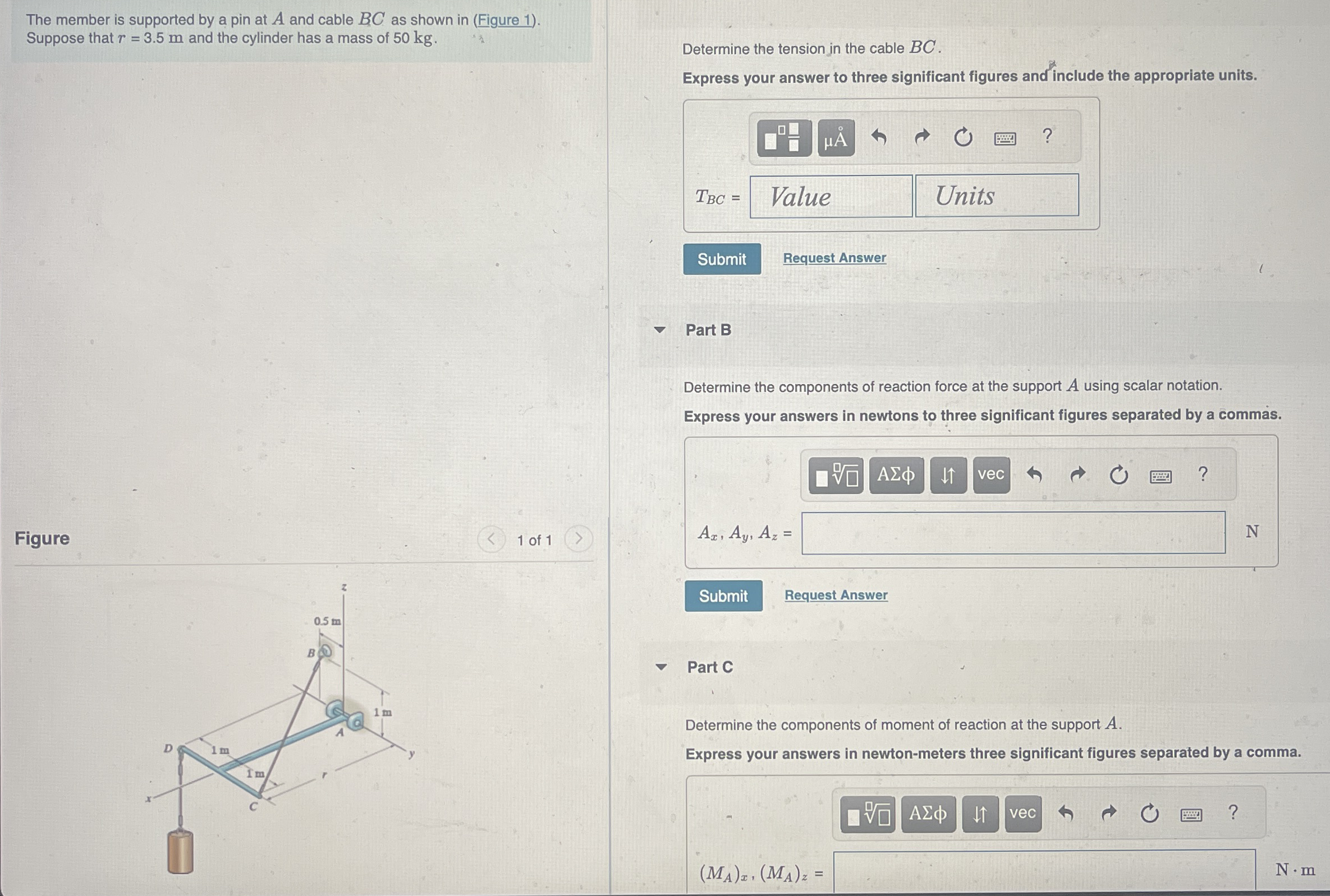 The member is supported by a pin at A and cable B