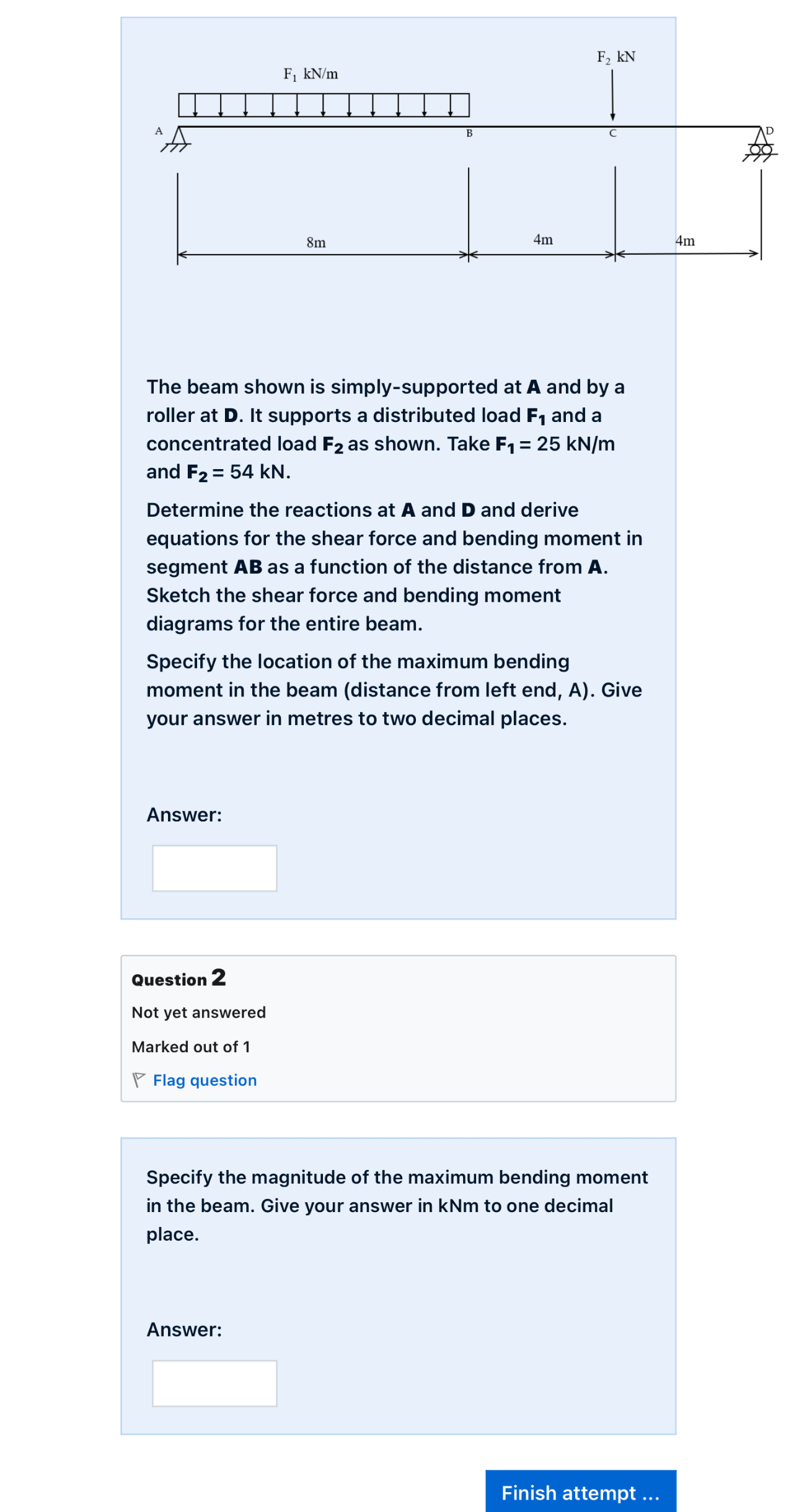The beam shown is simply - supported at A and by