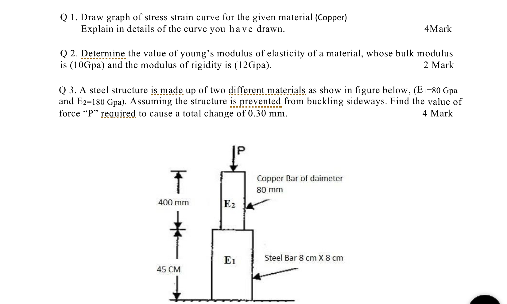 Q 1 . Draw graph of stress strain curve for the