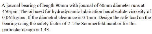 A journal bearing of length 9 0 mm with journal