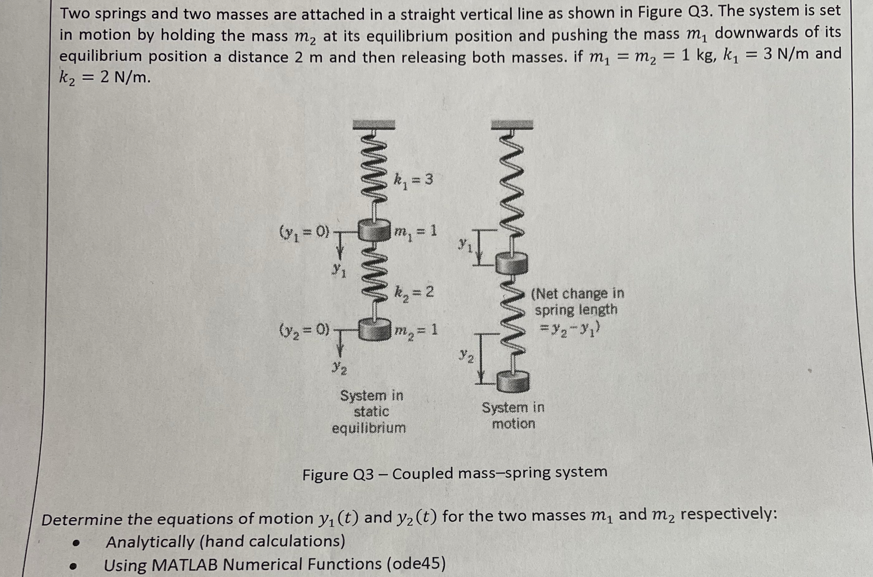 Two springs and two masses are attached in a