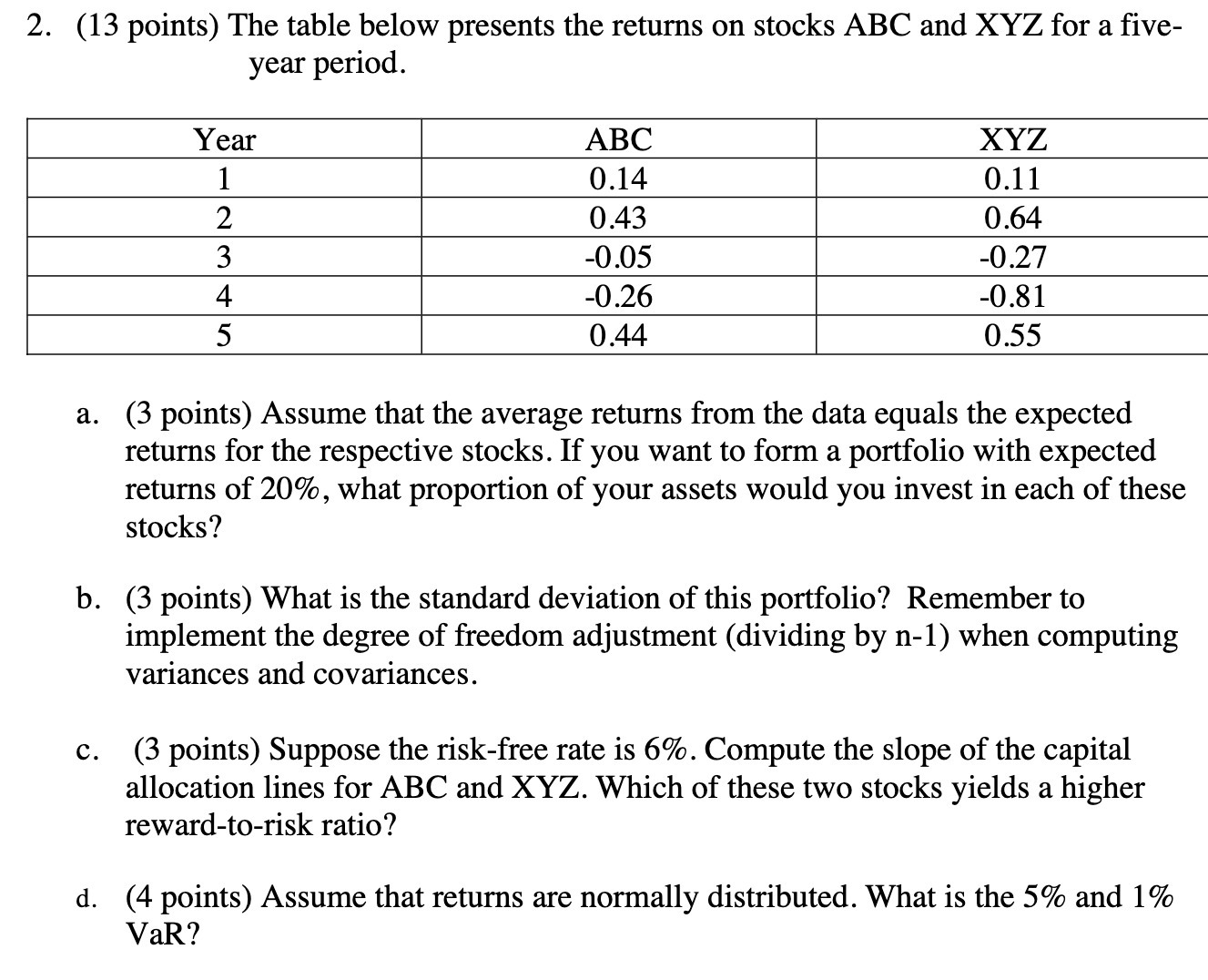 2. (13 points) The table below presents the