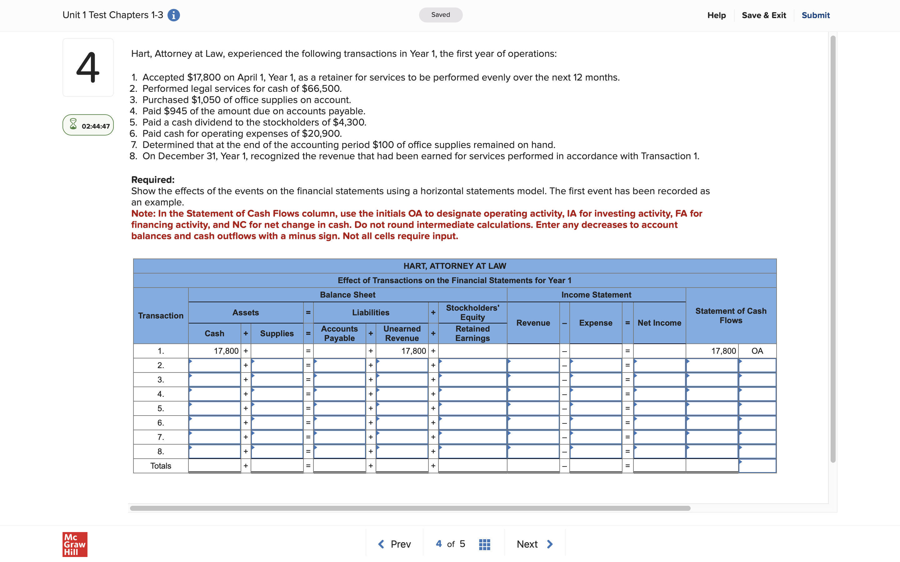 Unit 1 Test Chapters 1-3 i Saved Help Save & Exit