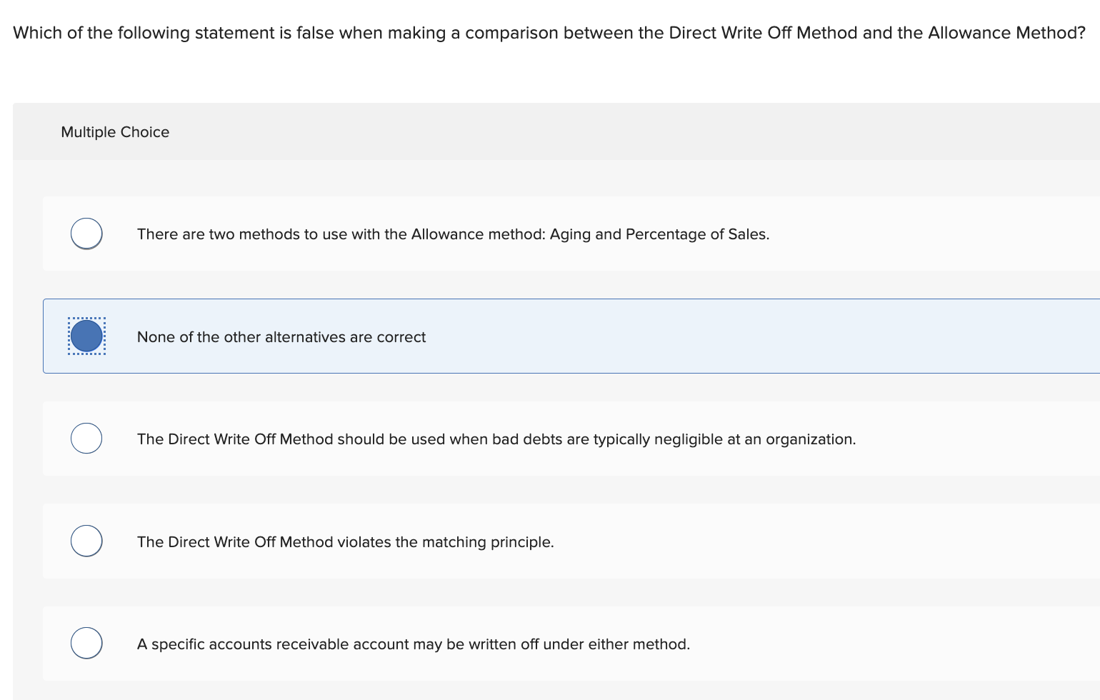 The direct write-off method Multiple Choice 0