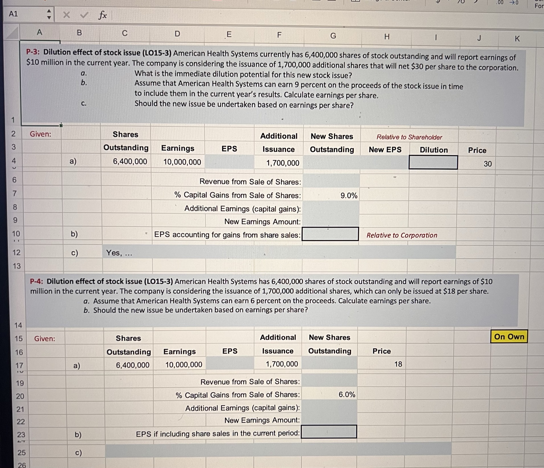 Solve the problems using Excel formula For A1 X V