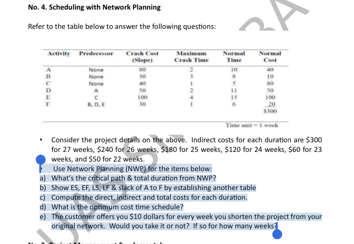 ? Use Network Planning (NWP) for the items below: