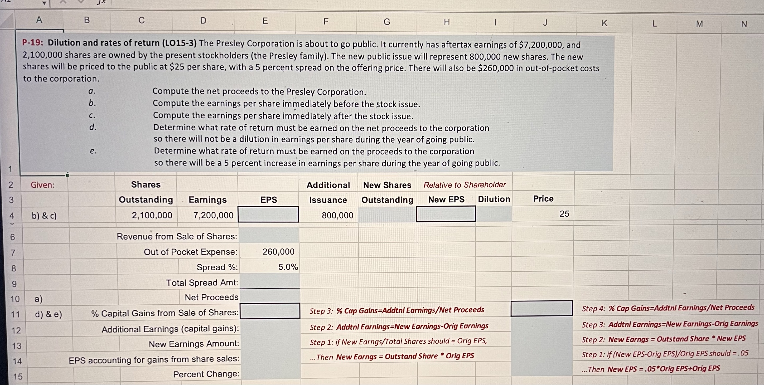 Solve the problem using excel formula A B C D E F
