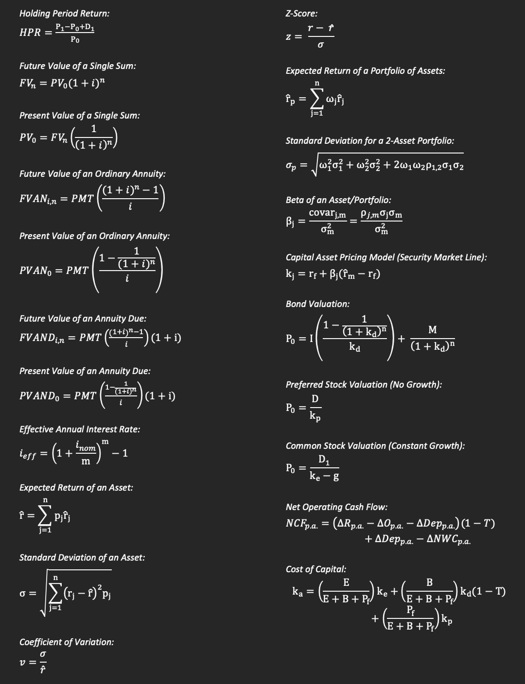 using the following formula sheet identify what