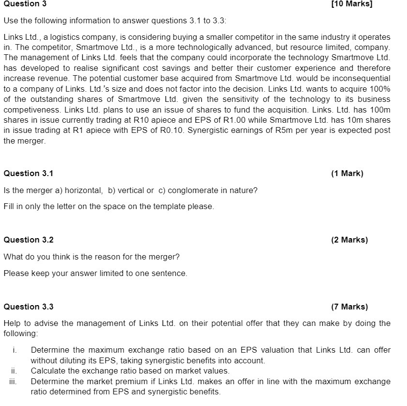 Question 3 [1!] Marks] Use the following