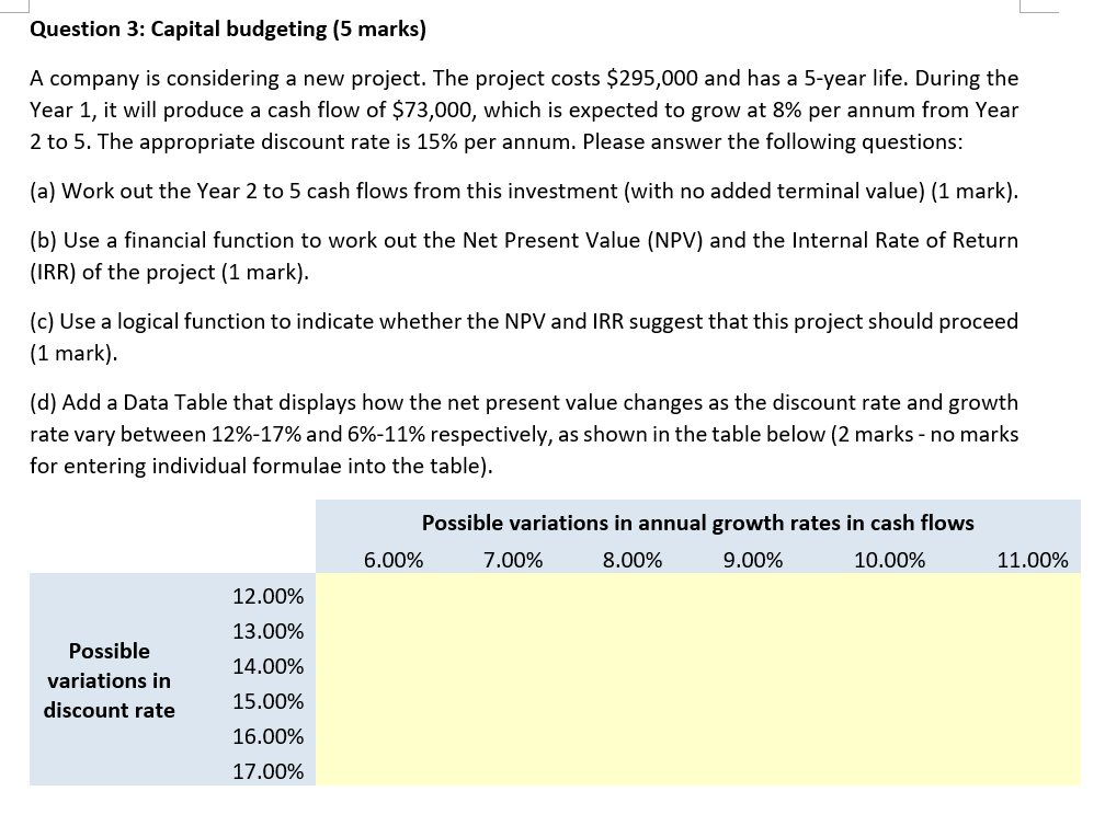 Answer in Excel: 4 |_ Question 3: Capital