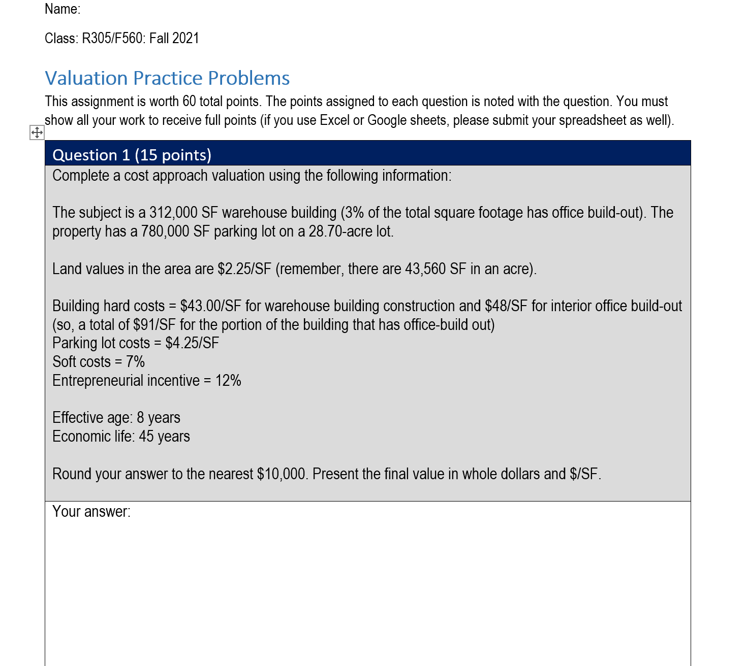 Name: Class: R305fF560: Fall 2021 Valuation