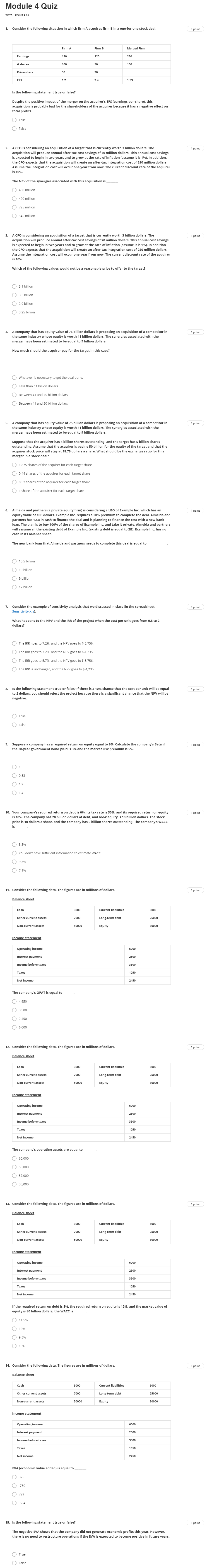 Module 4 Quiz TOTAL POINTS 15 Is the following