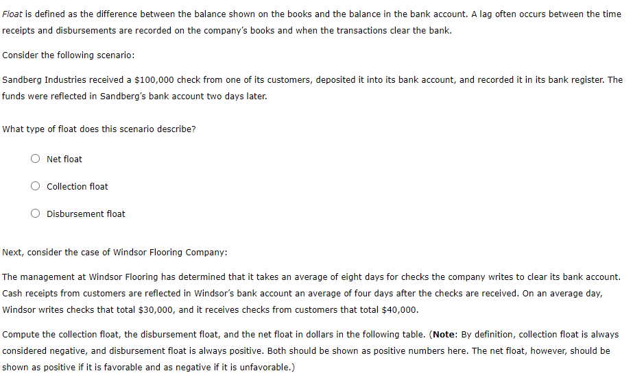 Check clearing and the use of float Float is