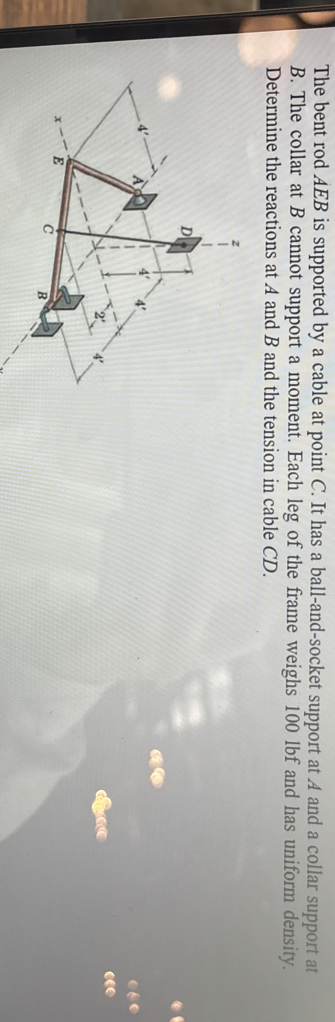 The bent rodAEB is supported by a cable at point