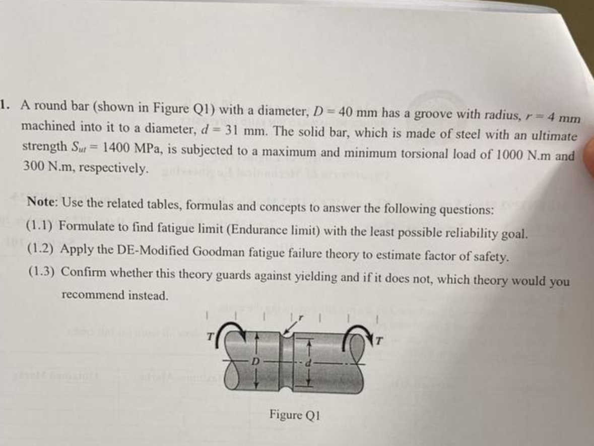 A round bar ( shown in Figure Q 1 ) with a