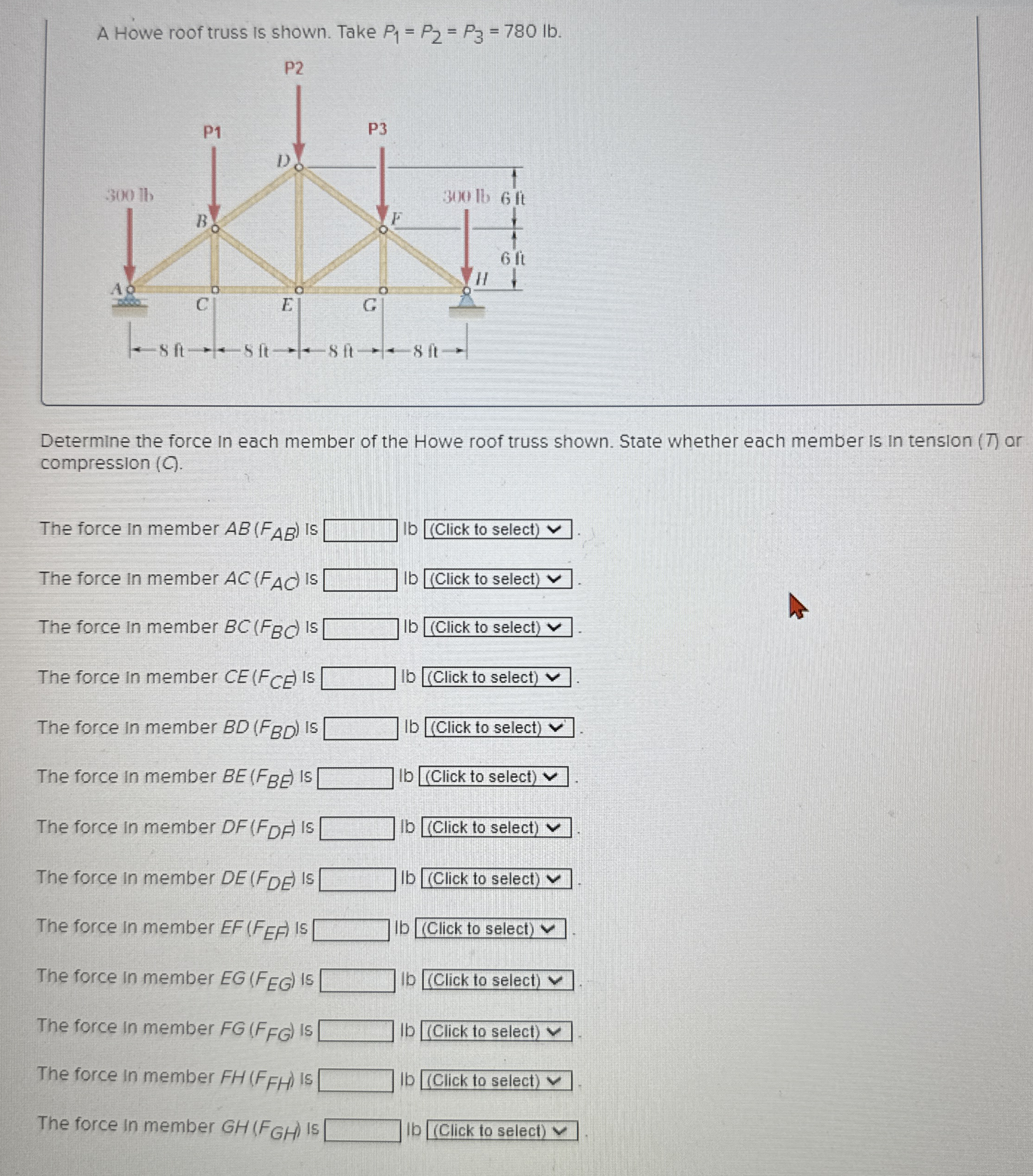 A Howe roof truss is shown. Take P 1 = P 2 = P 3