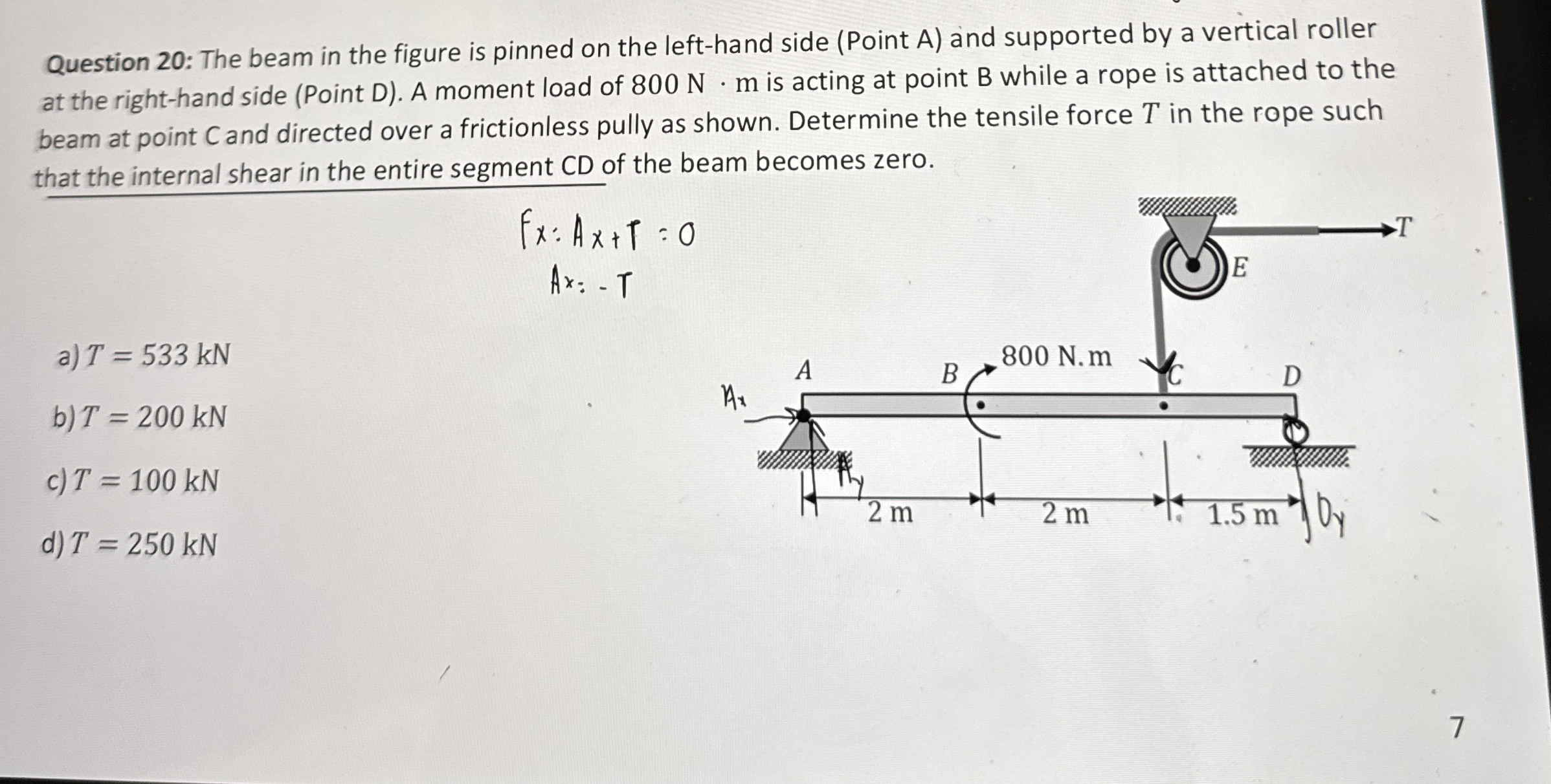 Question 2 0 : The beam in the figure is pinned