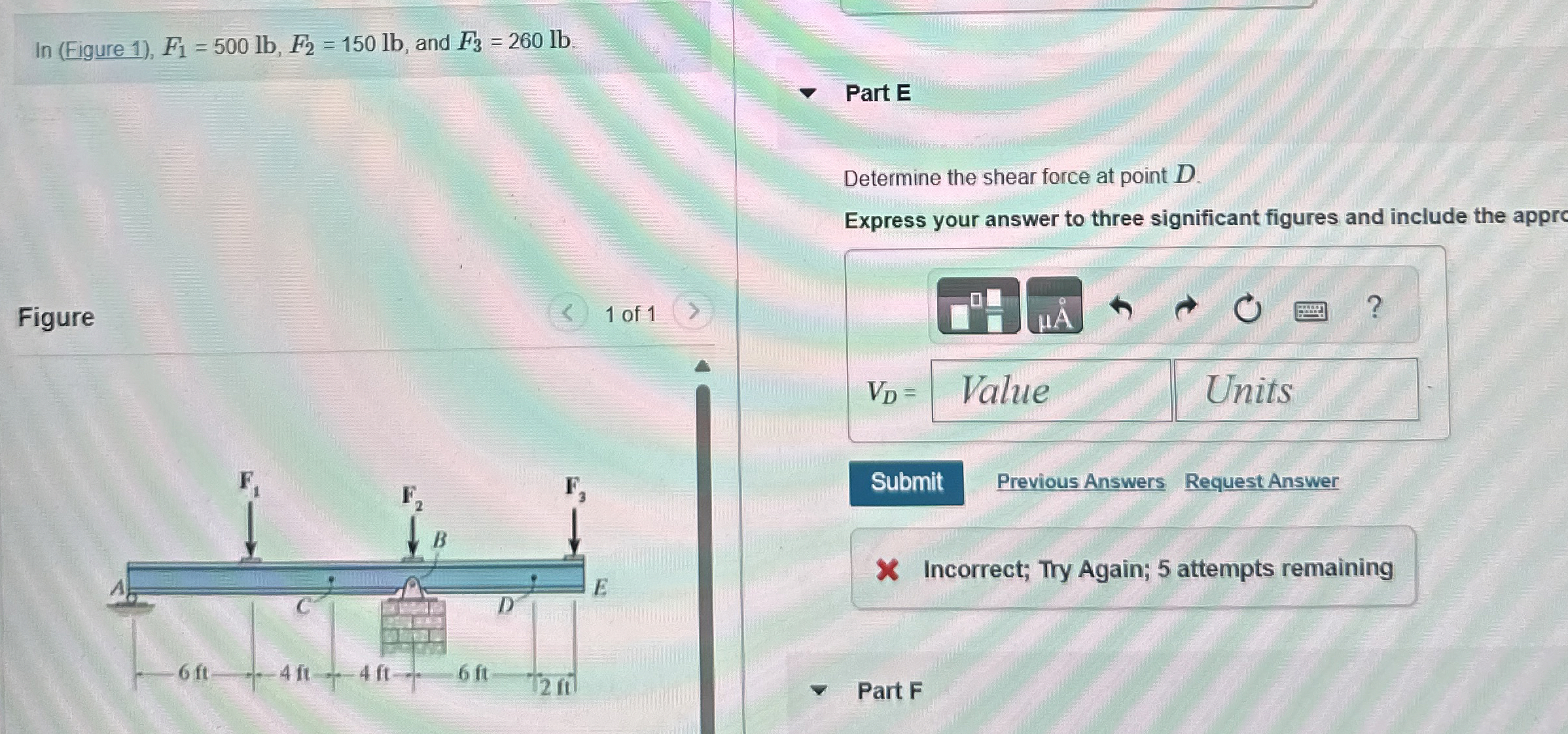 l n ( Figure 1 ) , F 1 = 5 0 0 l b , F 2 = 1 5 0