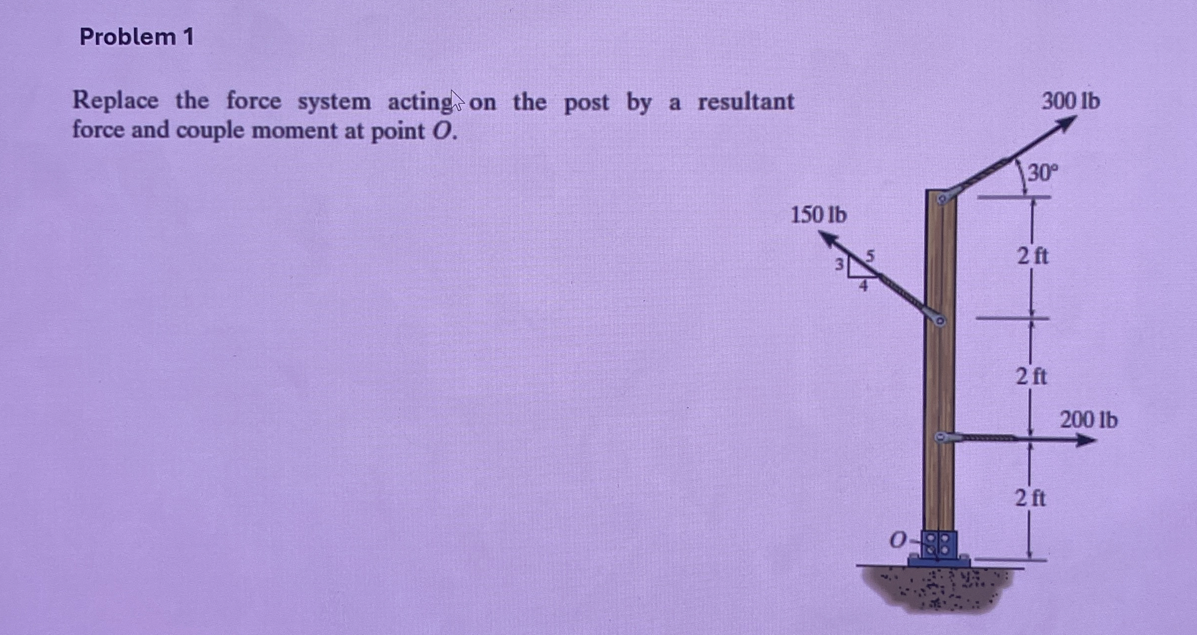 Problem 1 Replace the force system acting on the