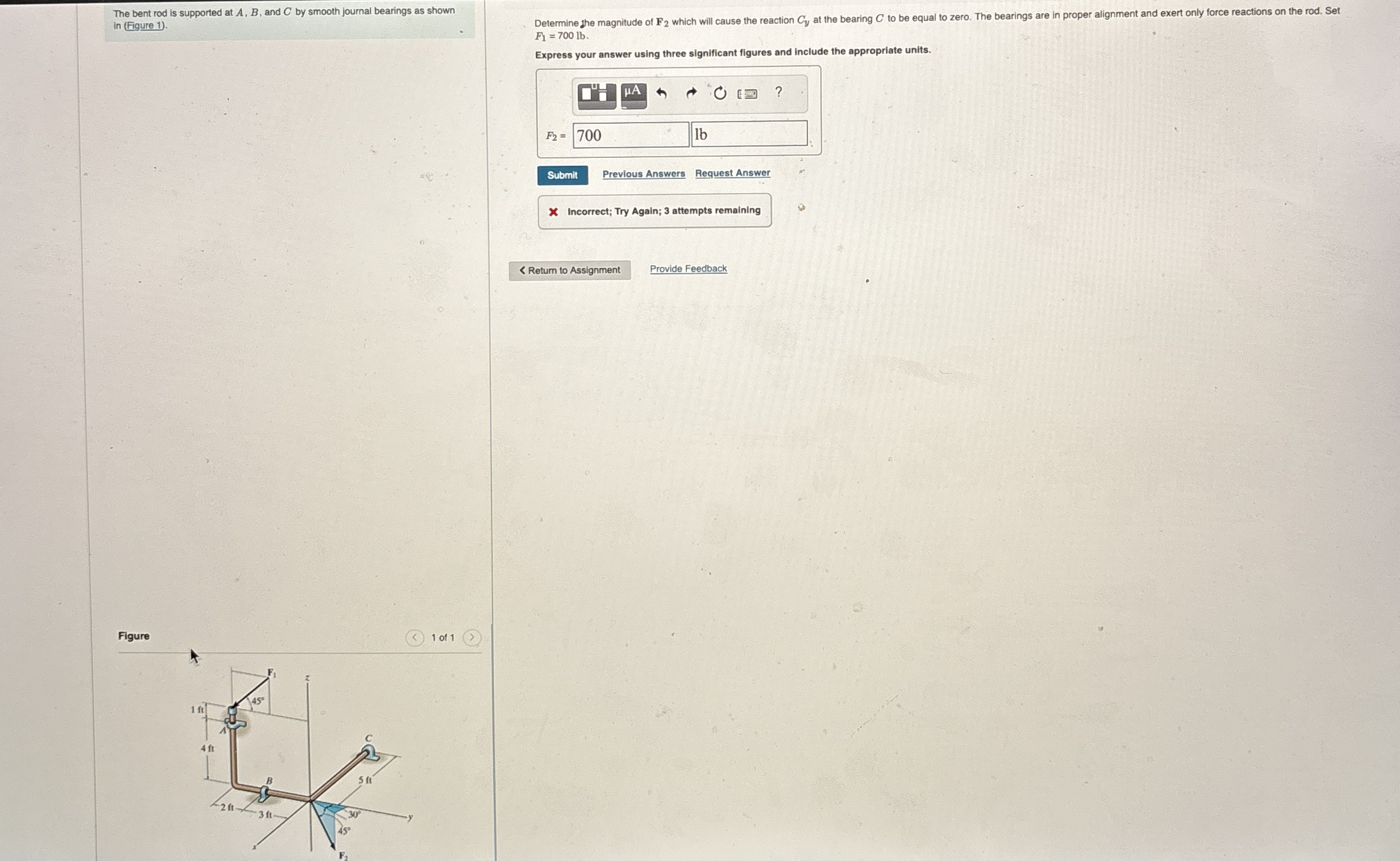 The bent rod is supported at A , B , and C by