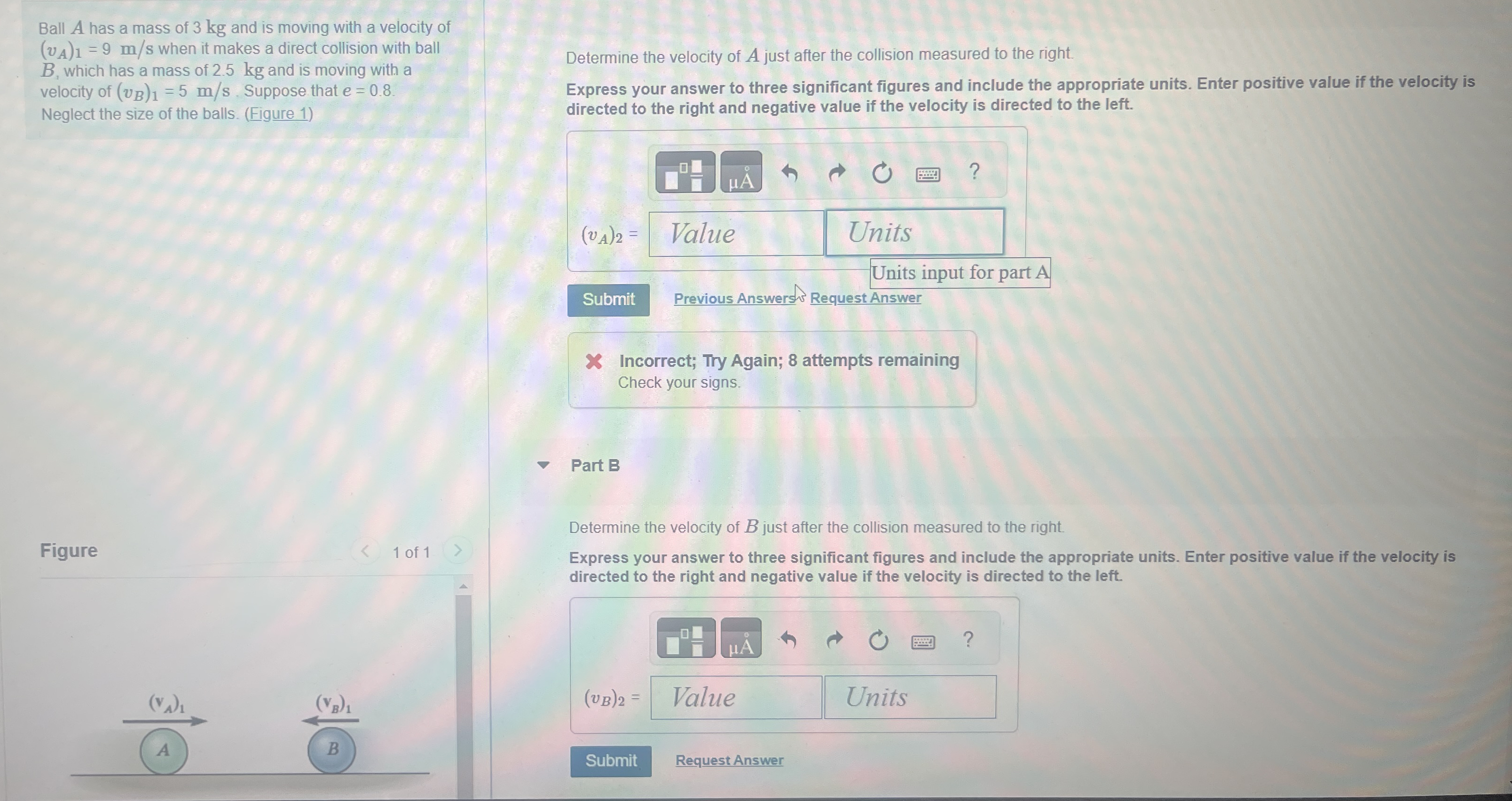 Ball A has a mass of 3 kg and is moving with a