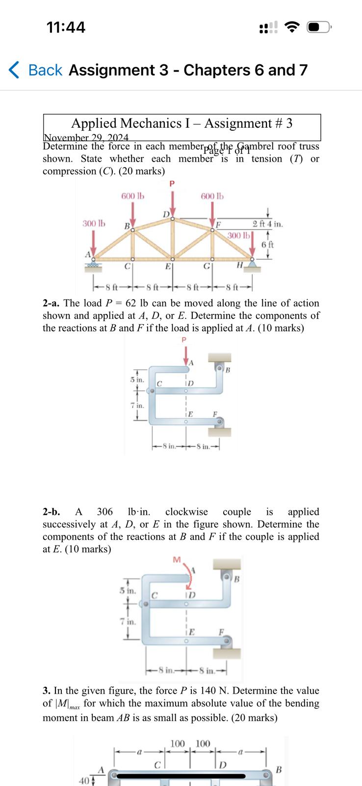 Applied Mechanics I - Assignment \ # 3 November 2