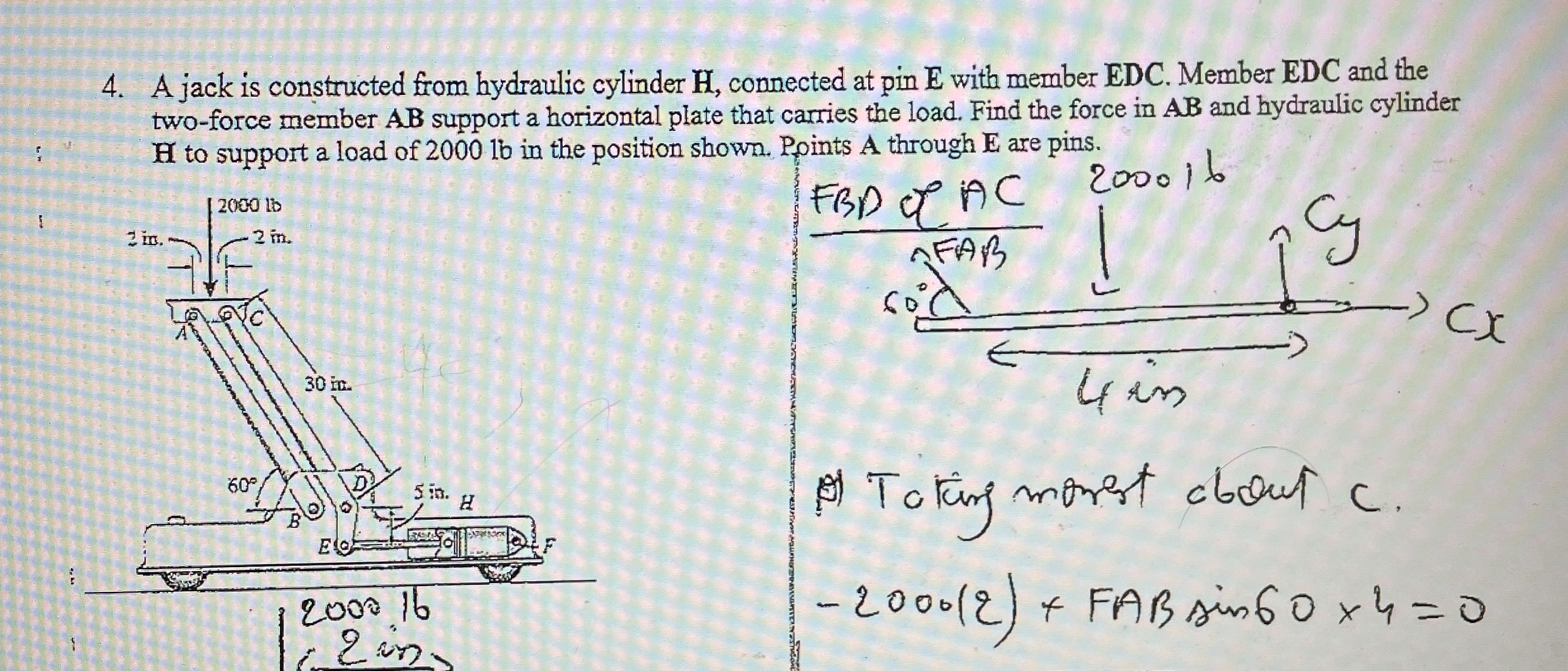 A jack is constructed from hydraulic cylinder H ,