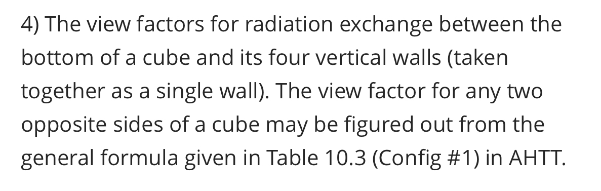 The view factors for radiation exchange between