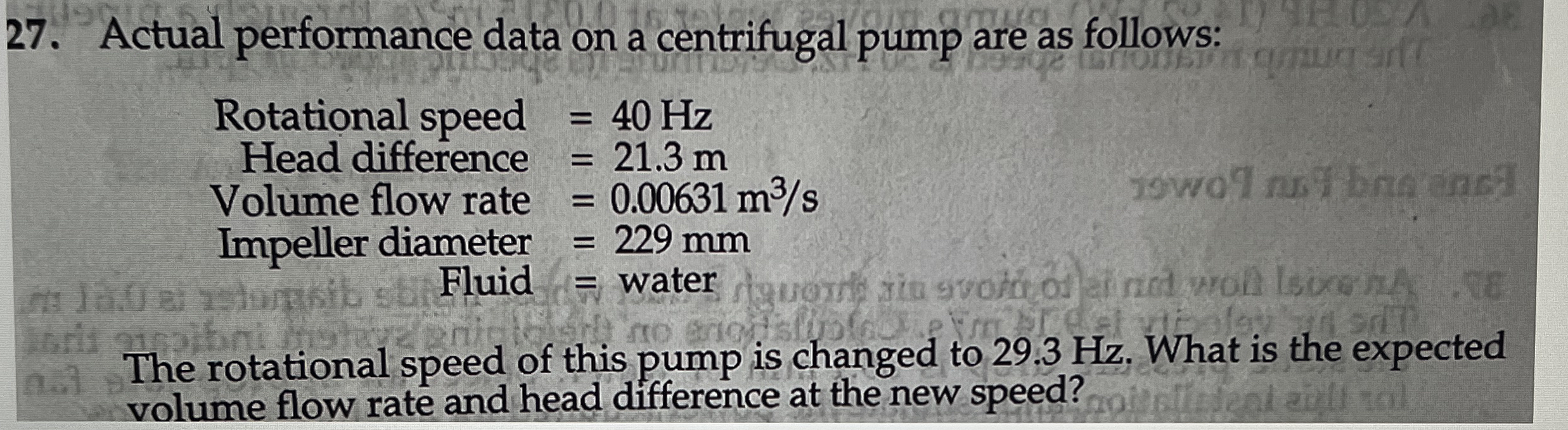 Actual performance data on a centrifugal pump are