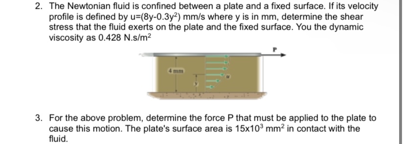 The Newtonian fluid is confined between a plate