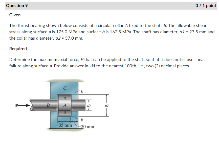 Question 9 Given The thrust bearing shown below