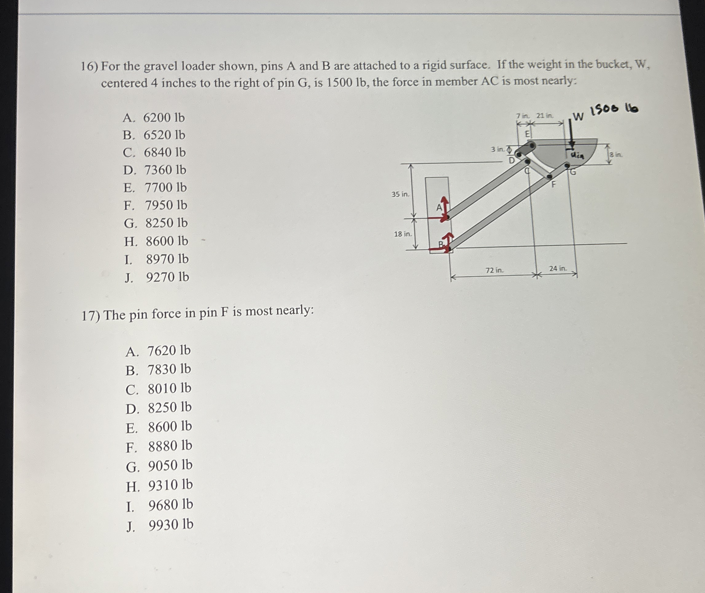 For the gravel loader shown, pins A and B are