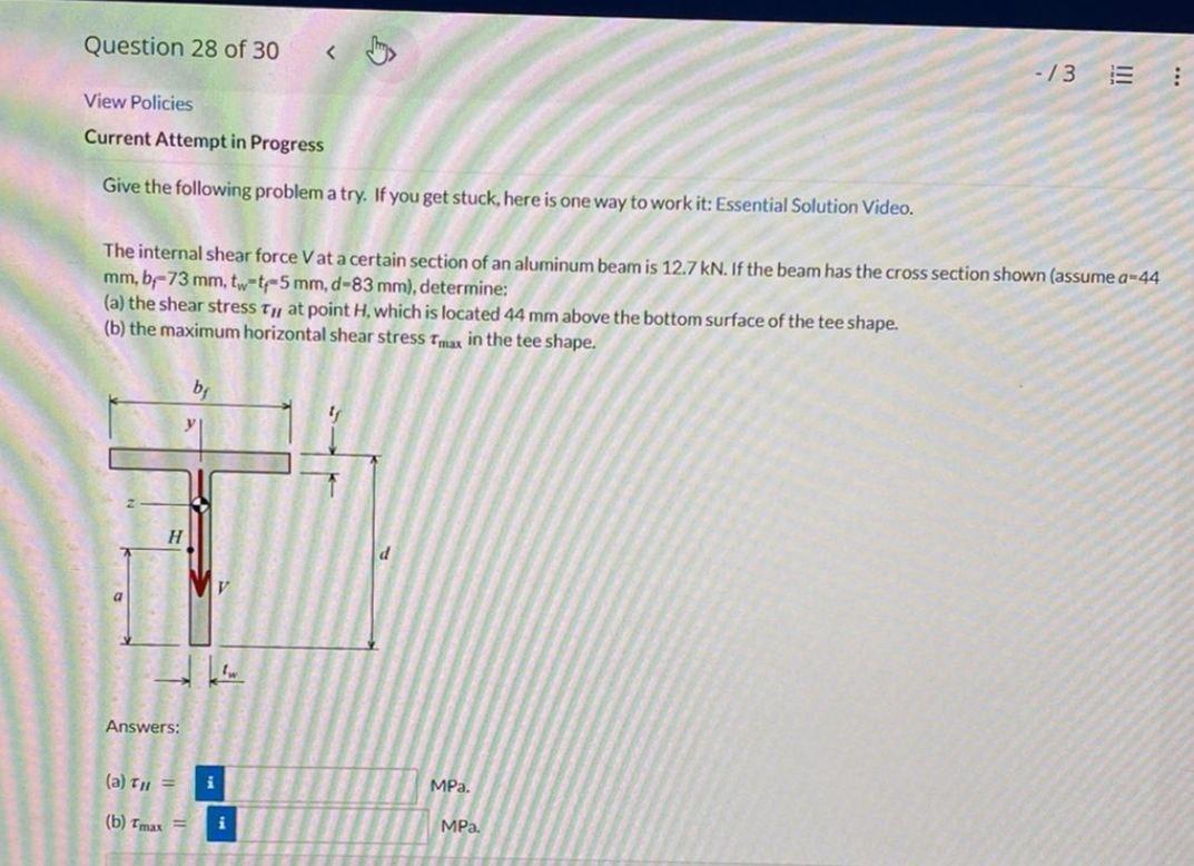 find the shear stress at point H located at 3 1