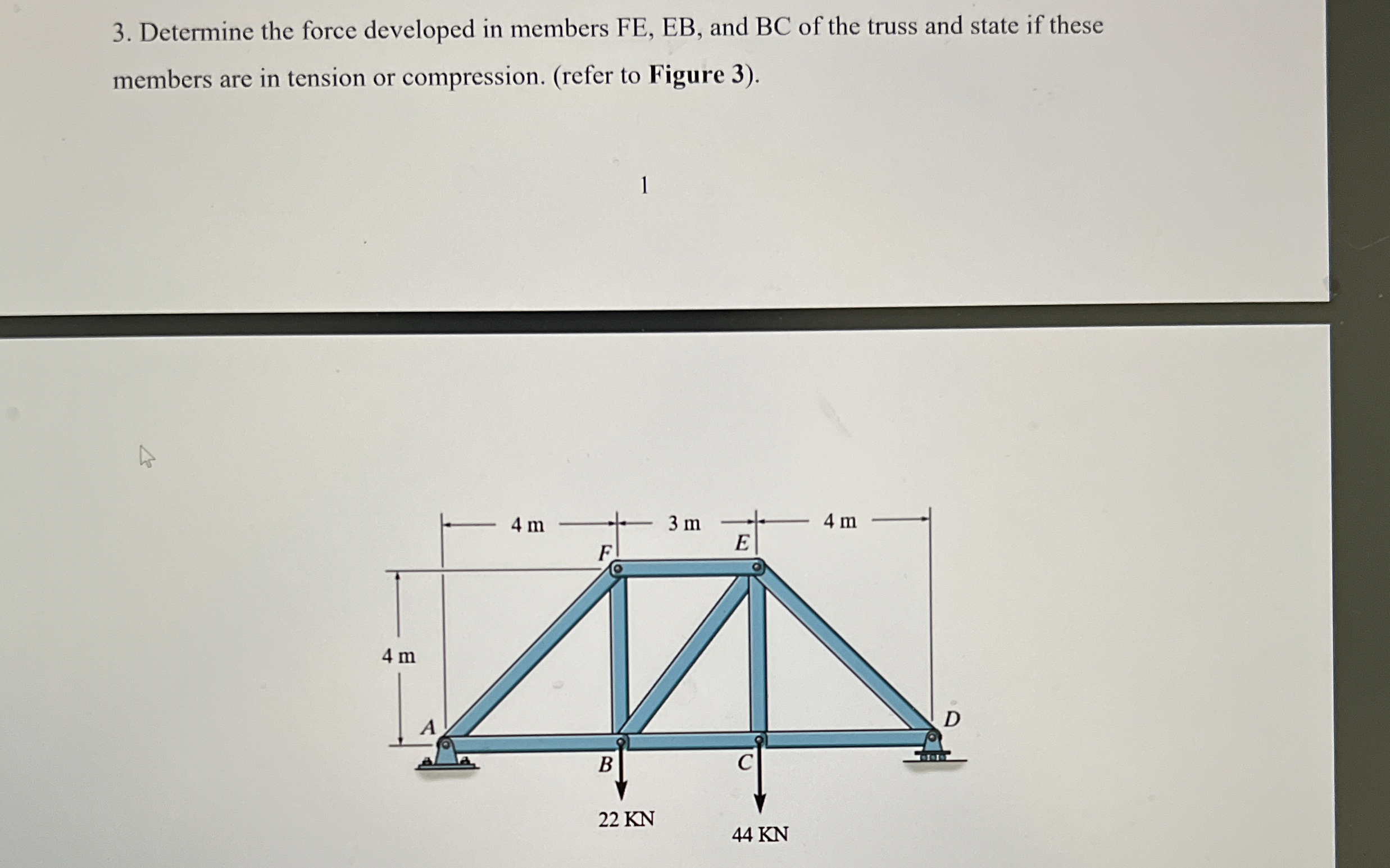 Determine the force developed in members FE , EB