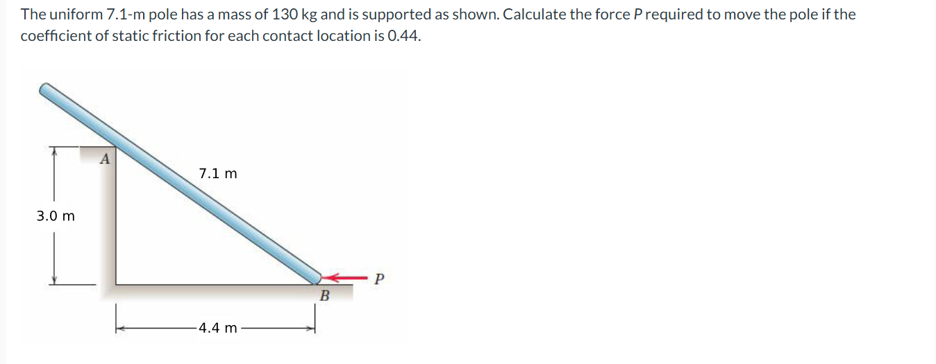 The uniform 7 . 1 - m pole has a mass of 1 3 0 kg