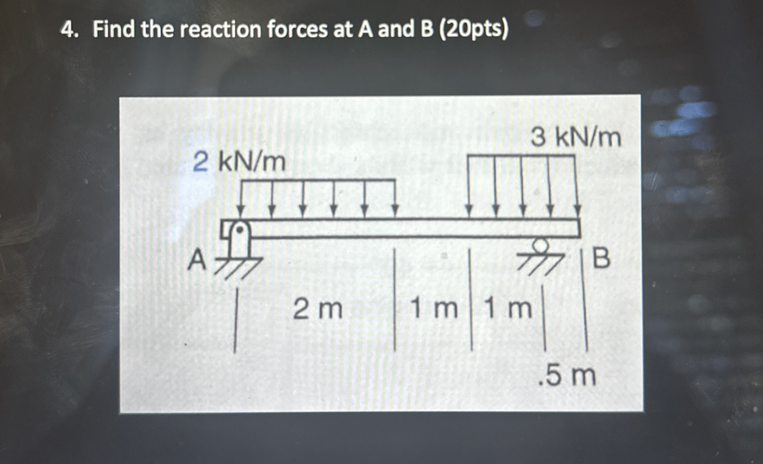Find the reaction forces at A and B ( 2 0 pts )
