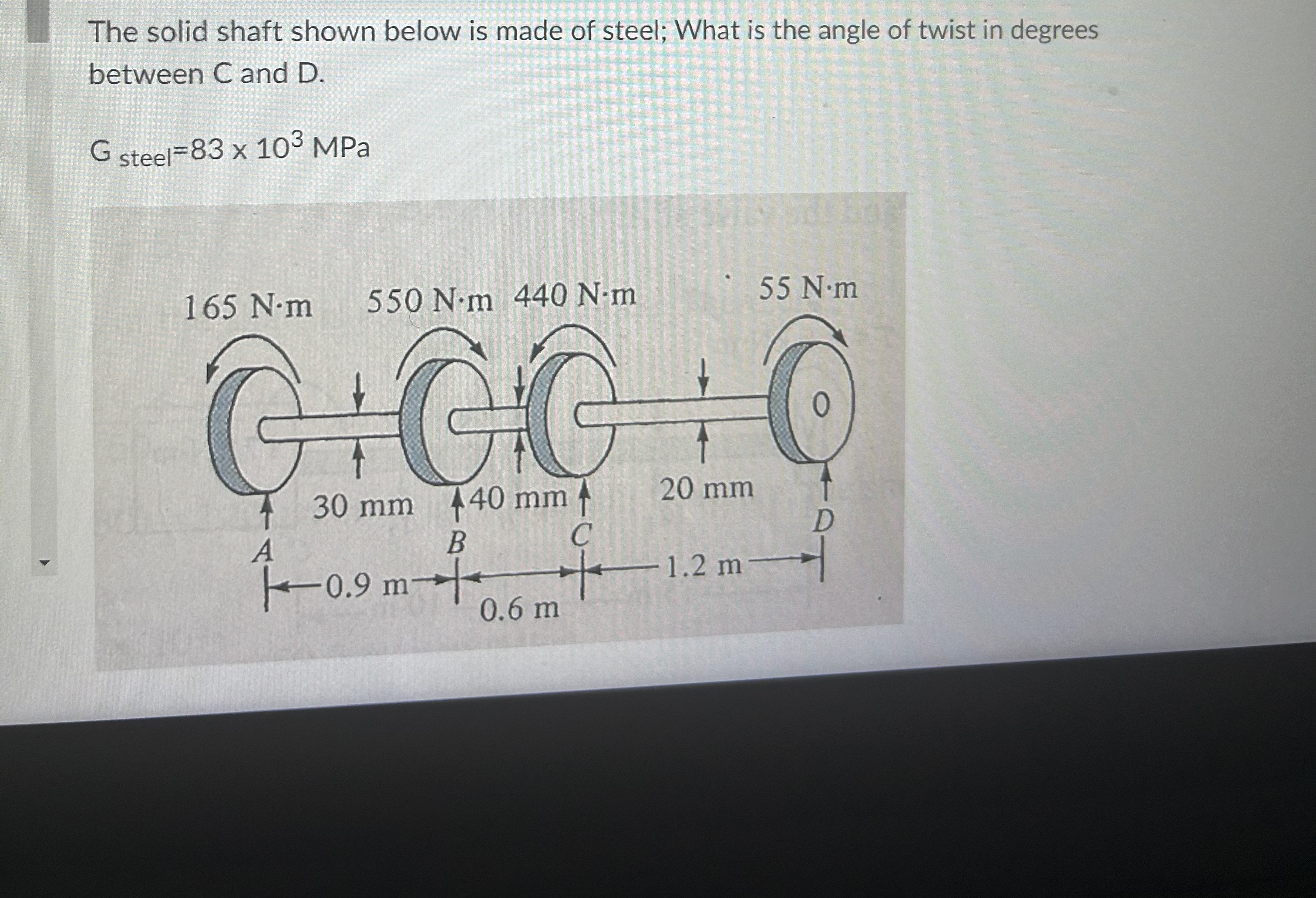 The solid shaft shown below is made of steel;