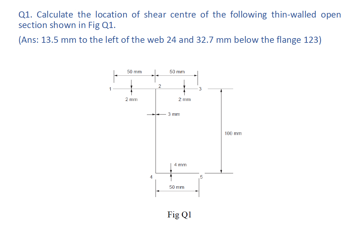 Q 1 . Calculate the location of shear centre of