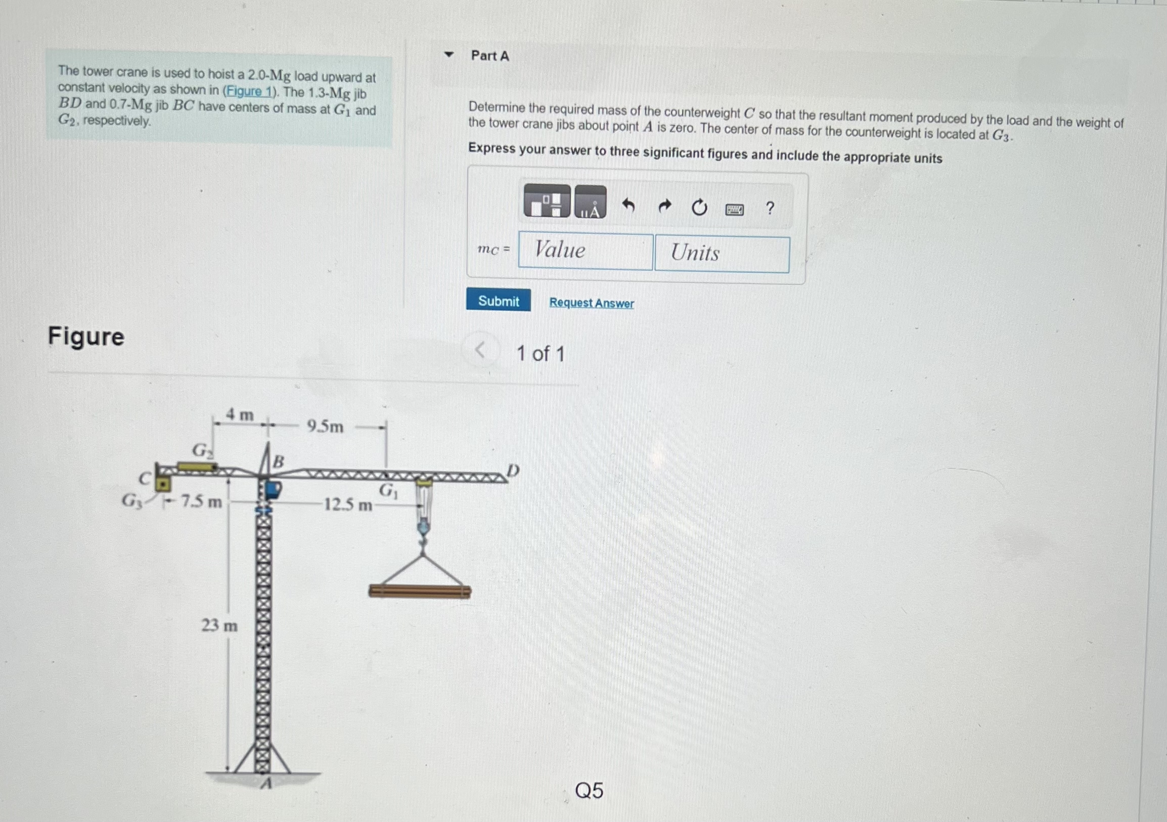 The tower crane is used to hoist a 2 . 0 - M g