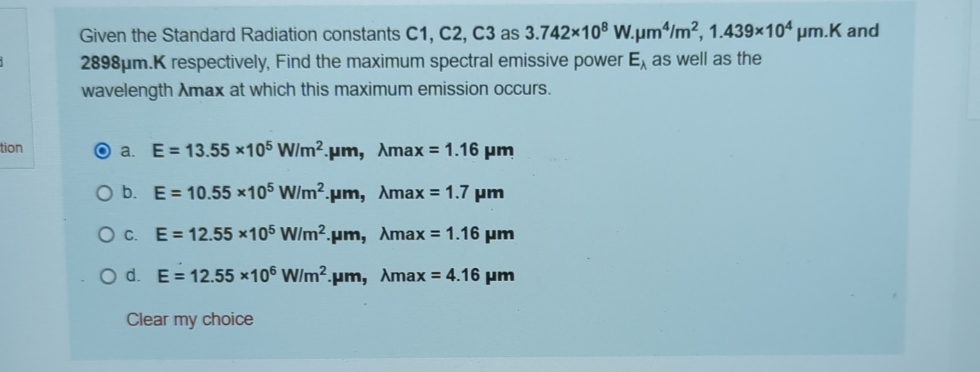 Given the Standard Radiation constants C 1 , C 2