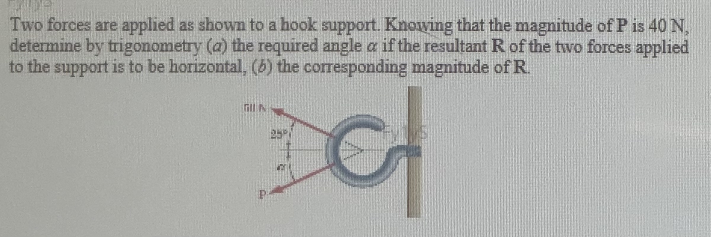 Two forces are applied as shown to a hook