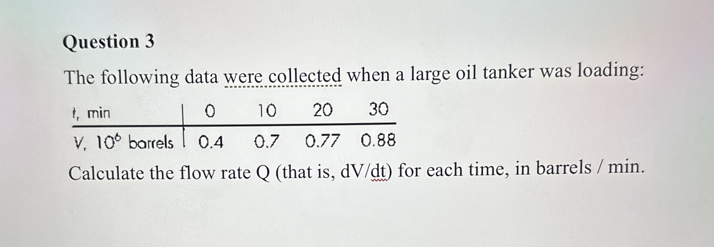 Question 3 The following data were collected when