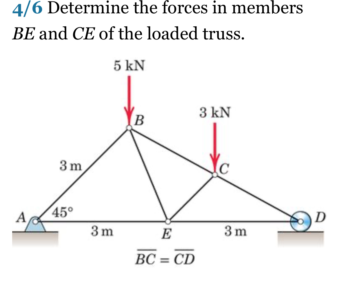 4 / 6 Determine the forces in members B E and C E