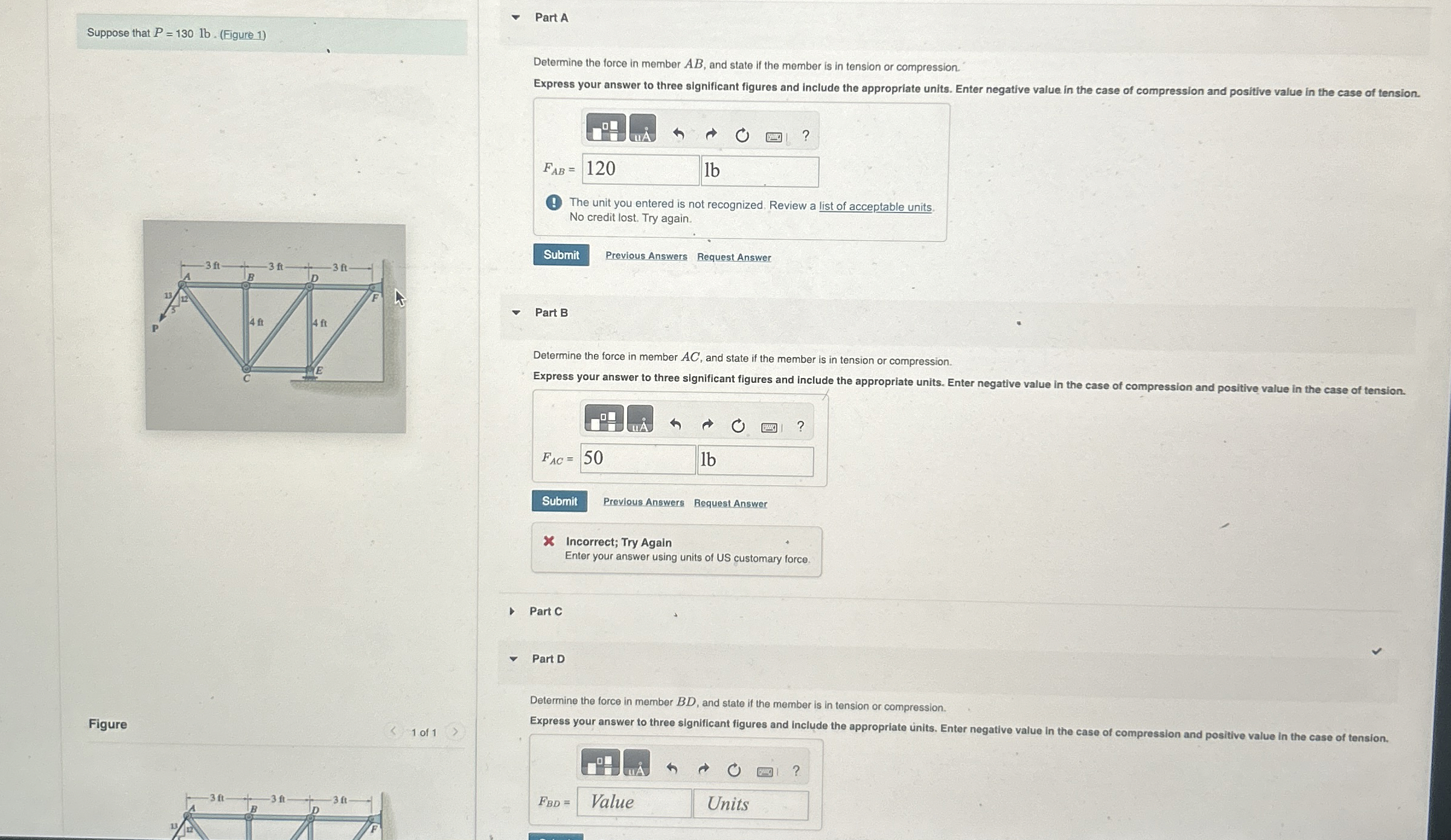 Determine the force in member A B , and state if