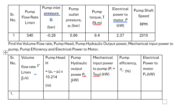 Find the Volume Flow rate, Pump Head, Pump